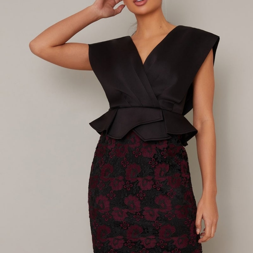 Wrap Style Bodice Peplum Lace Midi Dress in Black